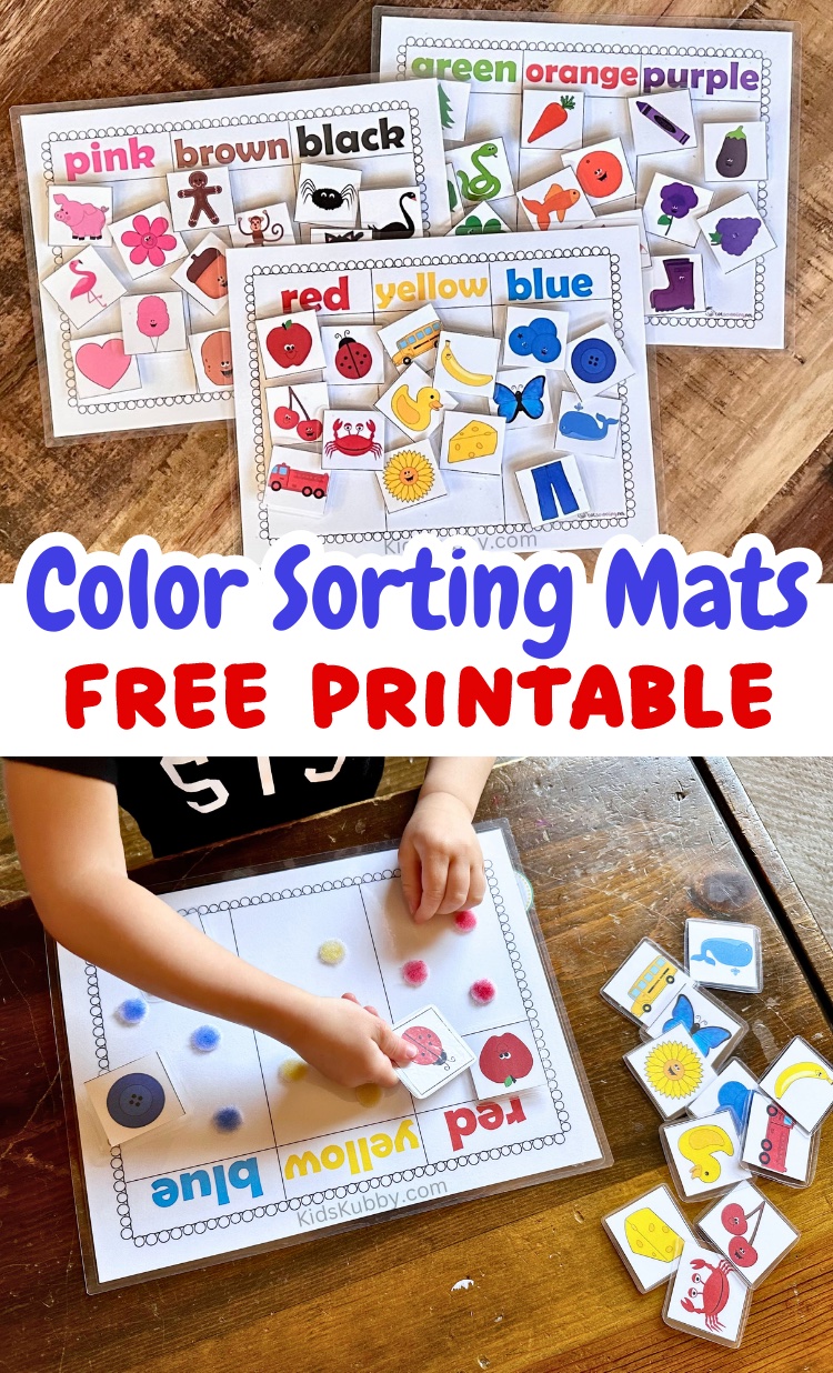 Here are the best color sorting mats ever. These simple to download printables are free! such a great way to teach kids their colors. Here you see a toddler sorting colored pictures into the corresponding color column. 