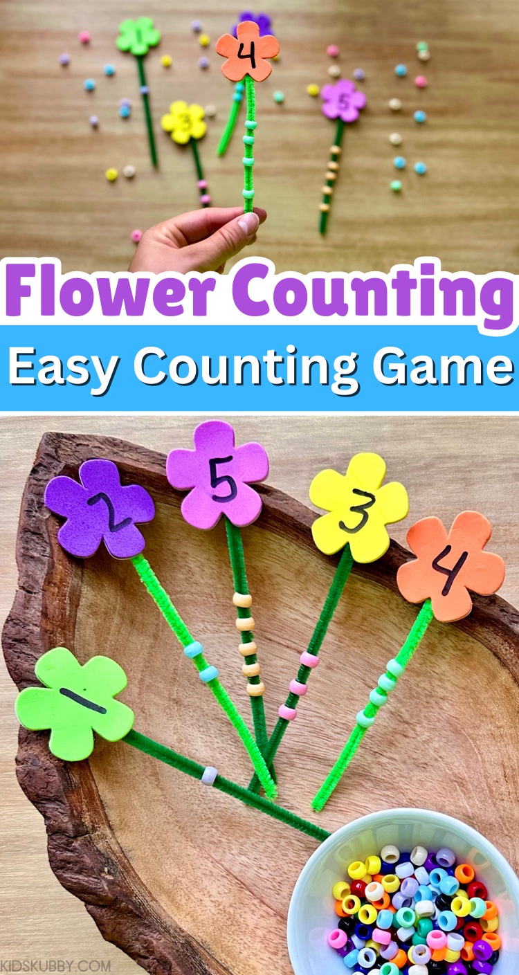 Looking for a new and exciting way to teach your kids how to count? Well, I’ve got you! Check out this easy to make flower counting game. With just a few cheap supplies and 5 minutes of your time, you can make a counting activity that also works on fine motor skills. How great is that? My toddler loves this game so much and it makes for a great quiet time activity too! 