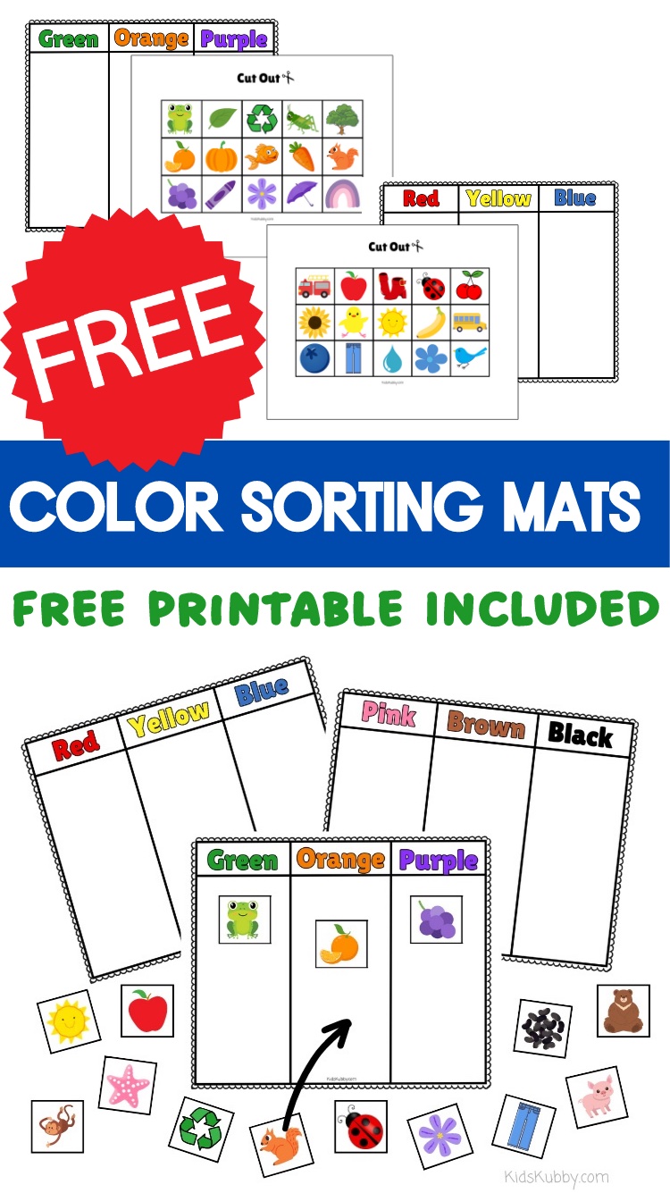 easy to use color sorting mats for kids. simply download the pdf file and print all 6 pages. Than cut out the pictures and let your kids sort each picture into the corresponding color column. It's that easy. Your kids can work on color recognition while having fun. 