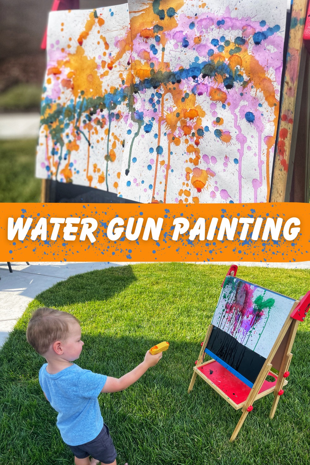 Kids will absolutely love engaging in water gun painting activity aiming their water guns, creating colorful splatters and vibrant artwork.