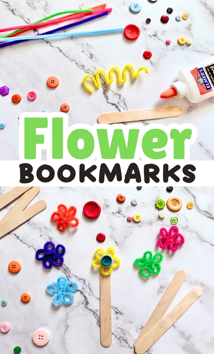 I love this fun popsicle stick DIY flower bookmark. They’re a great kid's crafts for the book lovers in your life. Plus, they're super quick and easy to make, so they're the perfect craft for kids of all ages! These cute little flower bookmarks are made using popsicle sticks, pipe cleaners, and buttons! For an inexpensive craft, why not create some one-of-a-kind pipe cleaner flower bookmarks with your kids today?!