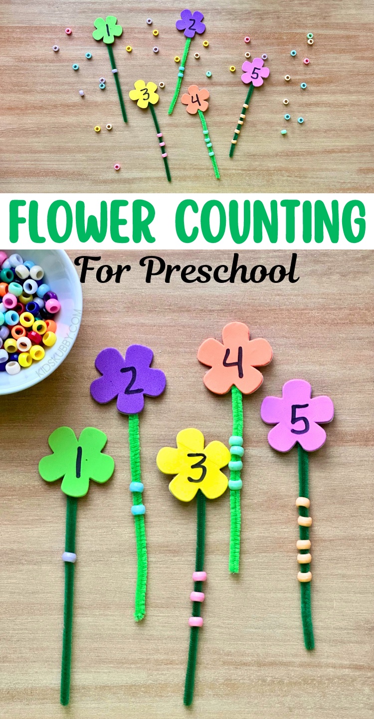 Flower Counting Activity For Kids. Find the full tutorial here on how to make the best counting game for young kids. You might even already have the supplies you need at home. This budget friendly counting craft is easy to make, and kids love it! Help your littles learn to count today with this simple counting activity.