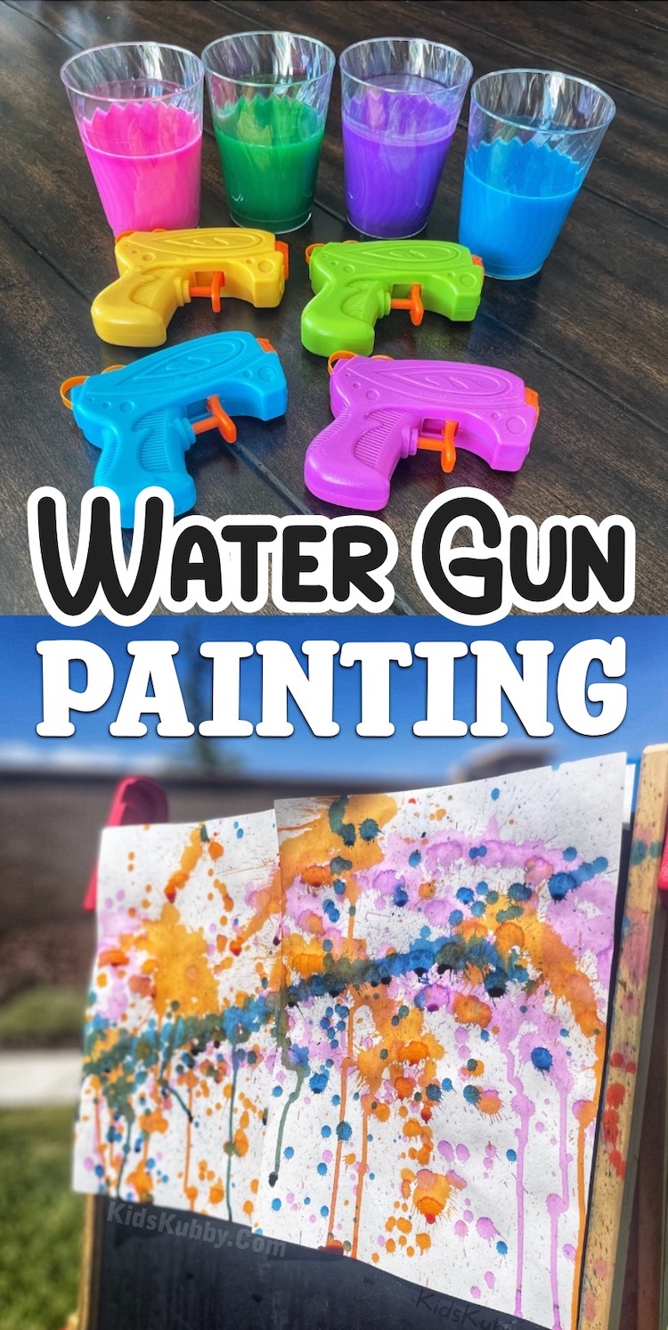 If your bored kids are watching too much TV or playing too many video games at home this summer, I guarantee water gun painting is an easy way to get them outside in the backyard to get some sunshine! My preschoolers couldn't get enough of it. 