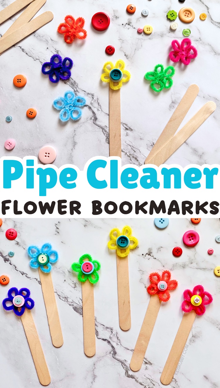 Are you looking for a fun pipe cleaner craft for kids? Look at these whimsical little flower bookmarks made with just a few cheap supplies! I loved making this popsicle stick craft so much. My kids picked their favorite color pipe cleaners and buttons for the flower on each bookmark. They couldn’t wait to read just to use these fun diy bookmarks. What a great way to get kids excited about reading!