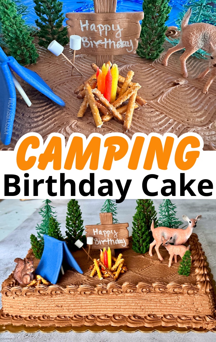 camping birthday, easy DIY birthday cake, 5 minute cake decorating ideas, camp fire cake, grocery store cake decorating hack