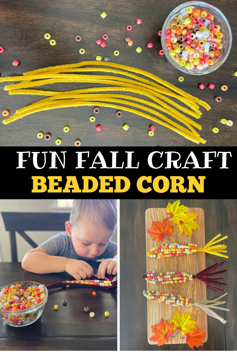 Your kids will love making these fun colorful beaded corn using pipe cleaners and pony beads. Making the perfect cheap and easy craft.