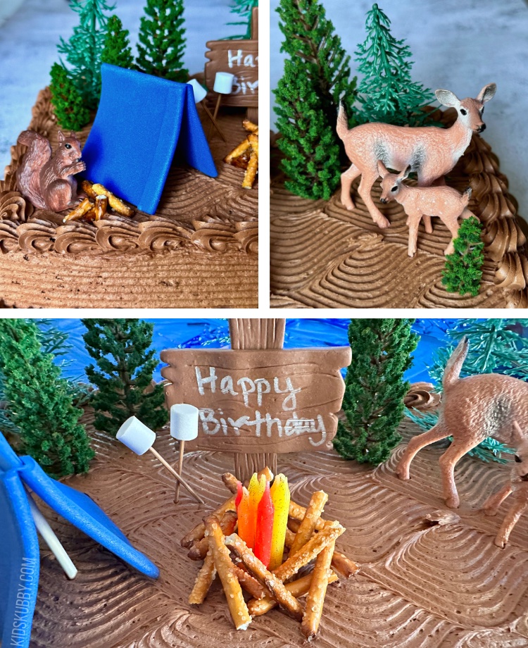 Simple to make DIY camping themed birthday cake at home. check out this 5 minute tutorial for the cutest camp fire cake. This affordable birthday cake idea is perfect for birthdays on a budget but looks like it's straight from the bakery.