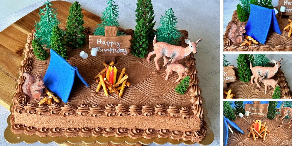 Simple to make DIY camping themed birthday cake at home. check out this 5 minute tutorial for the cutest camp fire cake. This affordable birthday cake idea is perfect for birthdays on a budget but looks like it's straight from the bakery.