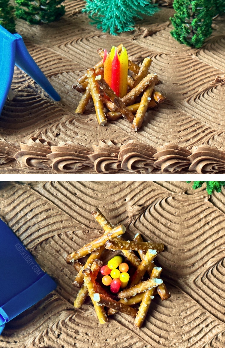 the best camping birthday cake ever. Grocery store cake hack to make your next birthday celebration even better. camp fire cake idea for kids