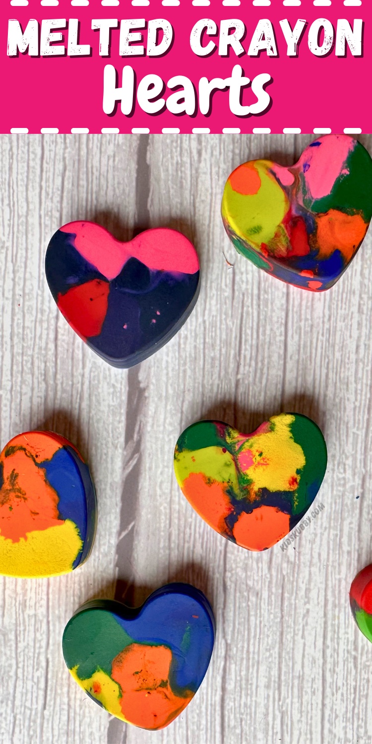 Check out this easy Valentine's Day craft idea for kids using old crayons and a heart shaped silicone mold. These melted crayon heart are so simple to make and kids love coloring with these fun shaped crayons. Here are also some free Valentine's Day card printables that are perfect for school parties. Melted crayon hearts are the perfect crayon art project for kids. 