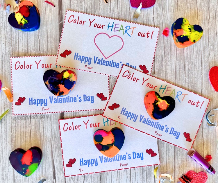 Melted crayon hearts are so fun to make with cheap supplies and just a few minutes of your time. Plus this Valentine's Day craft is the perfect way to recycle old and broken crayons. Use the free printable valentines to make fun and budget friendly valentines day cards for your kids today!
