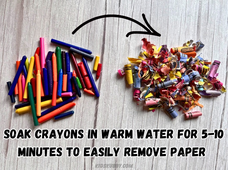 Here is a simple mom hack that will save you hours of work! Easily remove the crayon papers by soaking in warm water for 5 minutes. The crayon wrappers will fall off easily and you will have more time to make melted crayon hearts with your kids! 