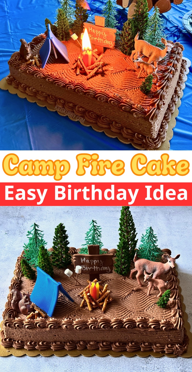 how to create a real camp fire on a birthday cake. Best camping themed party cake ever. 5 minute cake decorating no skills required. 