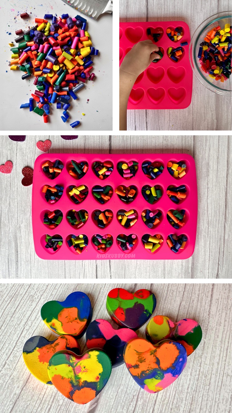 Check out this simple method for making melted crayon hearts. This easy craft idea for kids is perfect for Valentine's Day. These are also a great non-sweet treat to give to kids for Valentine's Day. Melted crayon art project for the win! 