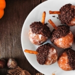 Acorn Donut holes made with store bought donut holes, melted chocolate, sprinkles and a pretzel stem. A fun fall treat that kids of all ages will love!