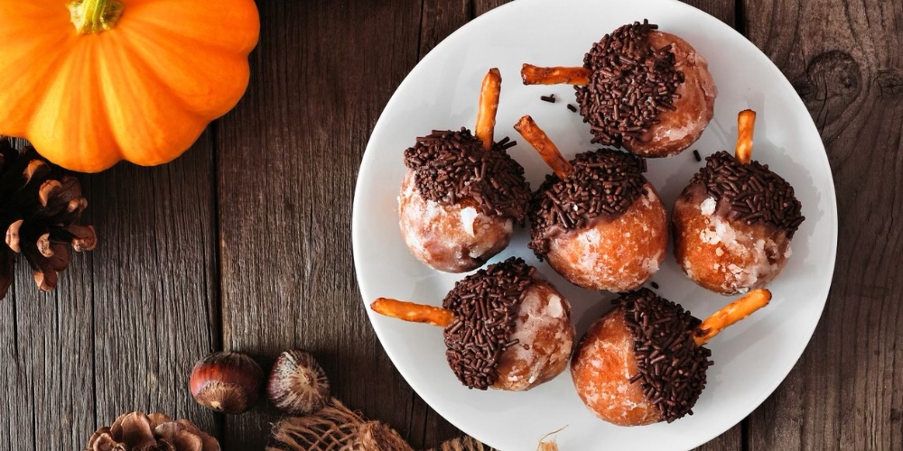 Acorn Donut holes made with store bought donut holes, melted chocolate, sprinkles and a pretzel stem. A fun fall treat that kids of all ages will love!