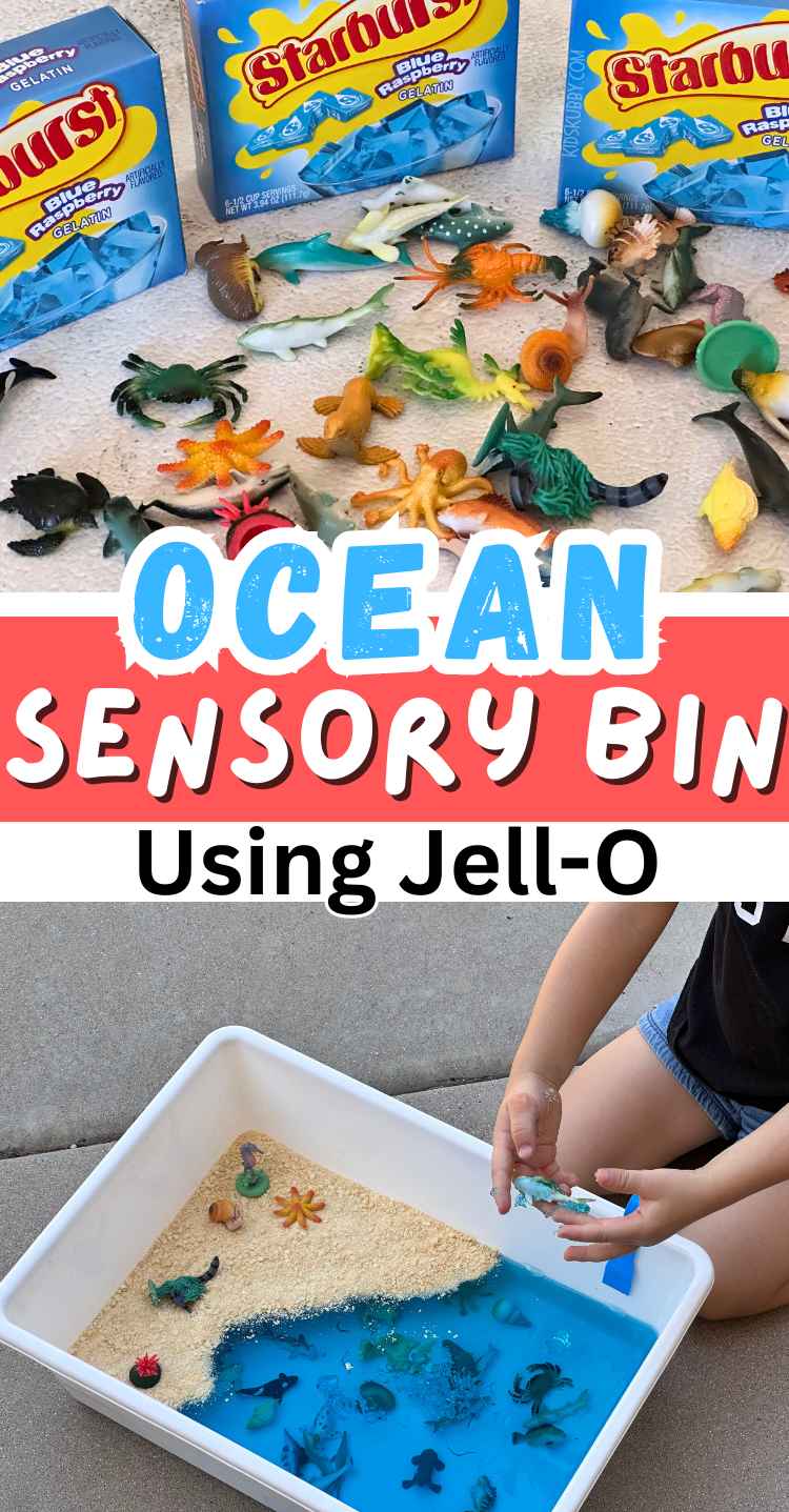 Are you looking for a simple activity for your toddler? Try this awesome Ocean sensory bin made with jell-o! this gooey messy activity for kids is the perfect outdoor fun. Babies, toddlers, and preschoolers will love playing in the jello to rescue the plastic sea animals.