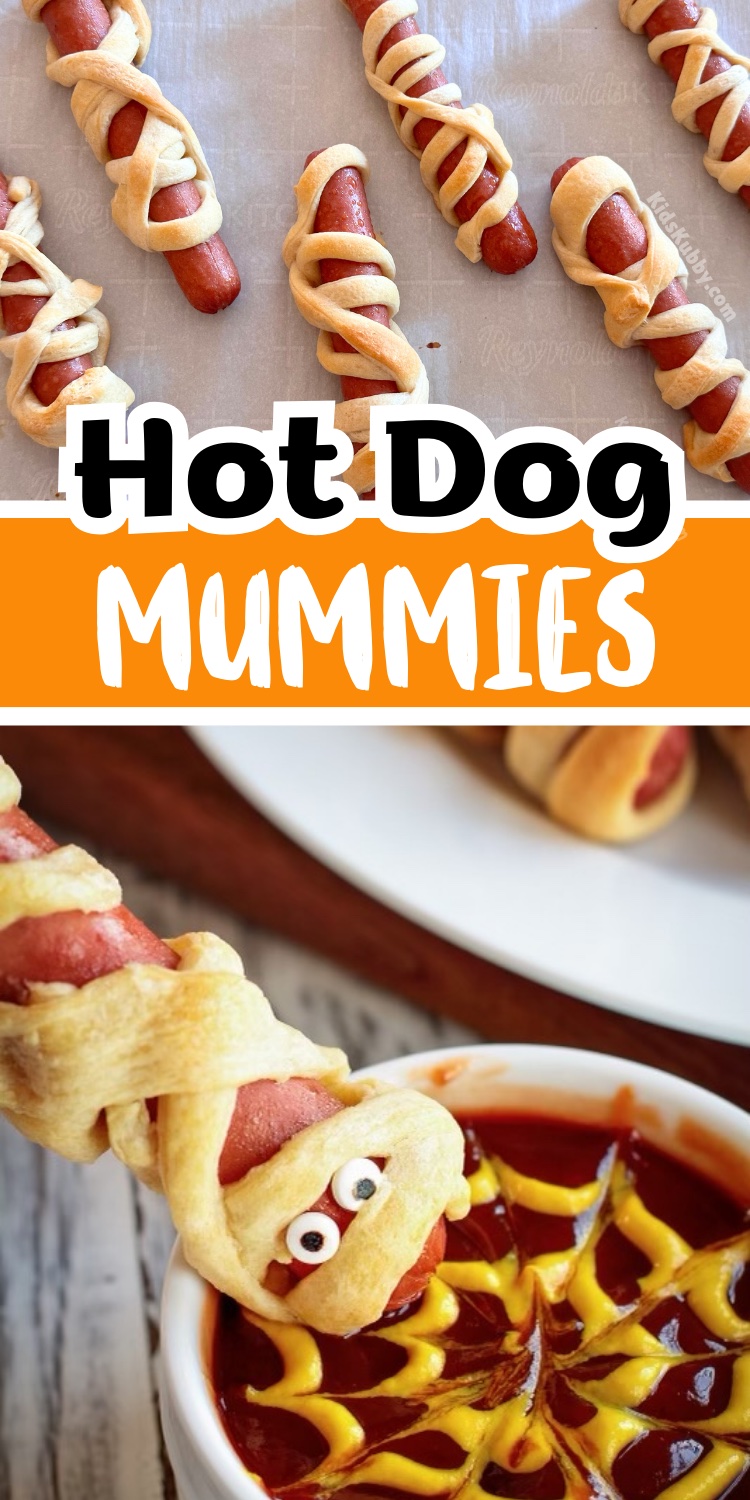 Mummy dogs are a fun Halloween twist on the classic hot dog. With just 3 ingredients you can make this kid friendly recipe that everyone is sure to love. Candy eyes really bring this spooky halloween recipe to life. Perfect for halloween parties, after school snacks, and school lunches all October long. 