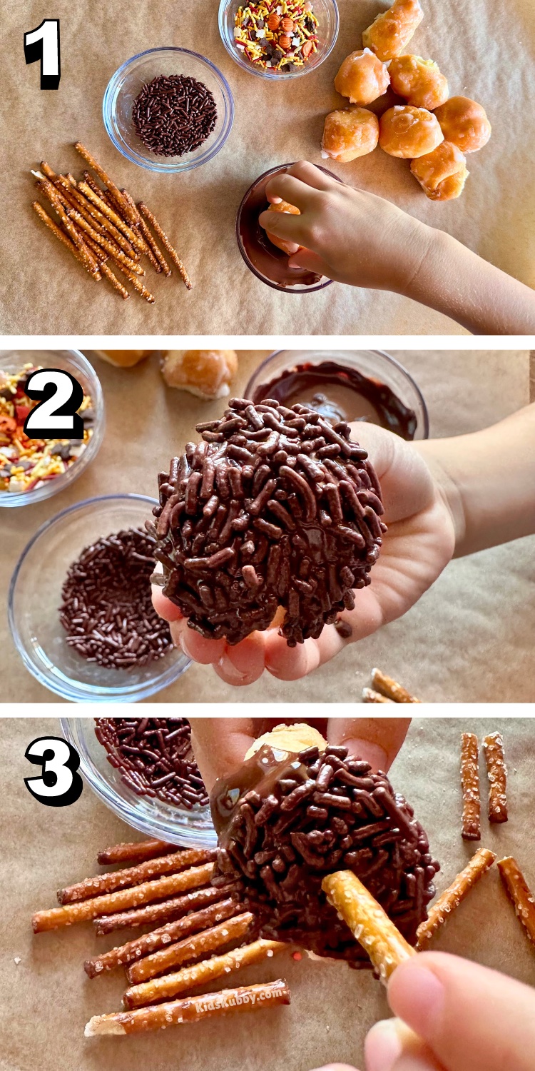 Here is the best no bake dessert for fall! Acorn donut holes are easy to make with just 4 ingredients including store bought donut holes, melted chocolate, fall sprinkles, and pretzel sticks. This fall recipe is so easy to make with kids. This is a crowd pleasing dessert recipe for sure!