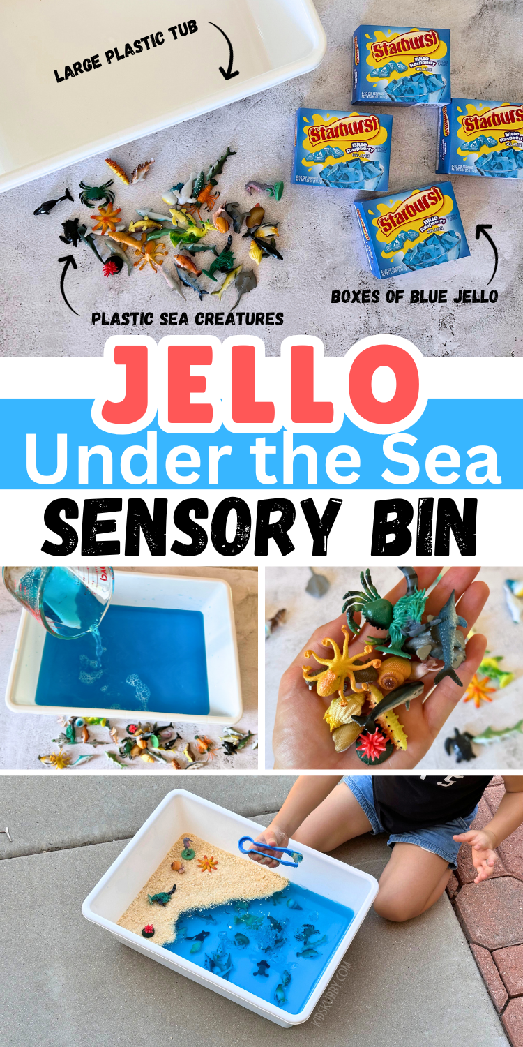 easy to make jello sensory play idea. check out this ocean themed sensory bin made with just blue jello for the ocean, crushed cheerios for the sand and plastic toys for the kids to rescue from the water. Toddlers will love this sensory bin because it's edible! Head outside and have your toddler use tongs to rescue the cute ocean animals for the perfect fine motor activity. 