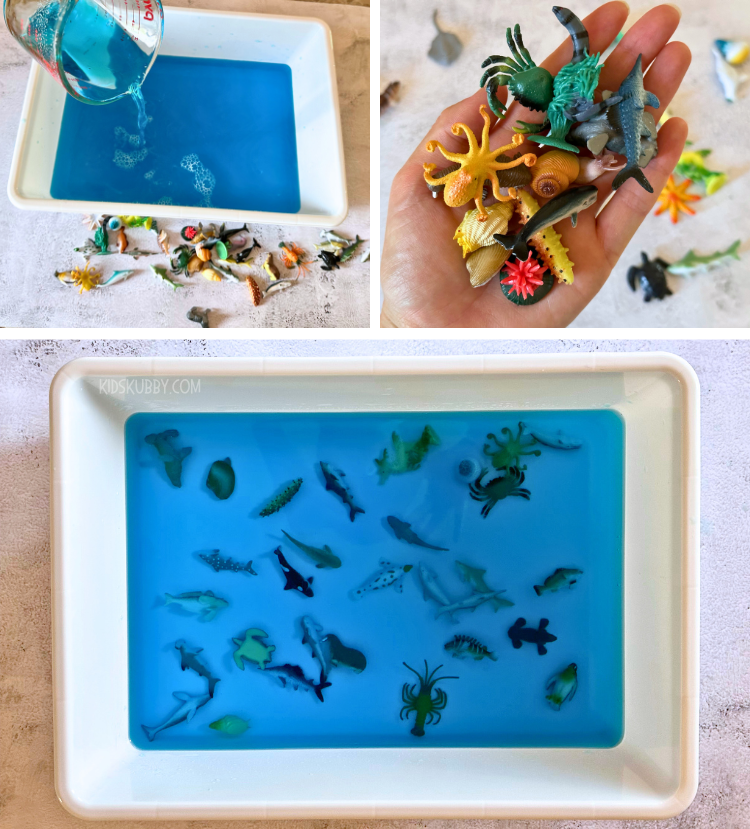 Have you made a jello sensory bin yet? If not then you're in for a treat. This under the sea jello sensory bin is the perfect sensory activity for toddlers because it's taste safe and helps with fine motor skill. Your toddler will have a blast digging for fish under the jello ocean. Add some edible sand and you've got the curtest ocean sensory bin ever!