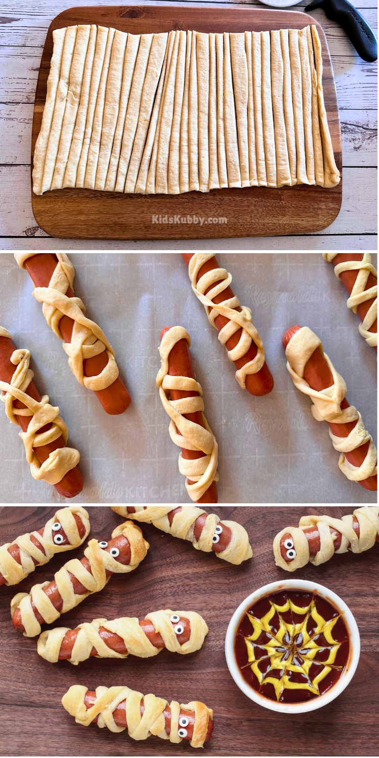 Mummy Hot Dogs are the easiest halloween appetizer you'll ever make. with just 3 ingredients and 20 minutes you can make this deliciously spooky recipe for your next Halloween party. This recipe is perfect for kids to help with so grab your little goblin and ghouls and have a fun day in the kitchen making halloween mummy dogs.