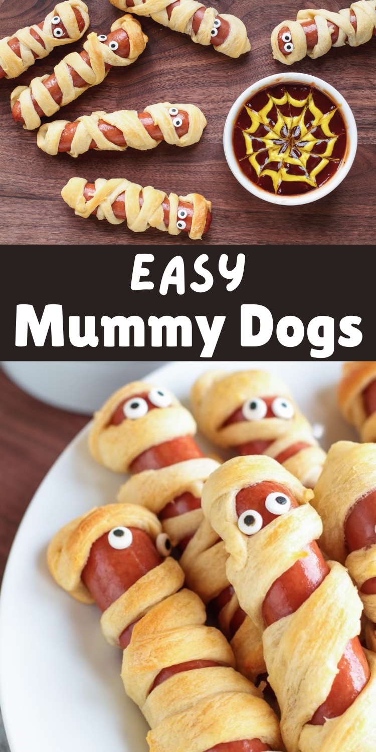 These Mummy Dogs are SO EASY and fun childhood favorite for a Halloween party and kids' lunches all October long! Refrigerated crescent roll dough comes in clutch for the cute little guys that take less than 20 minutes to make! next time youre at the store grab some hot dogs, candy eyes, and crescent roll dough and make the best halloween recipe ever.