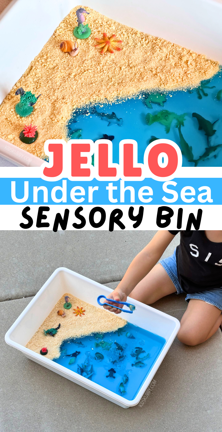 Are you looking for a fun outdoor activity for your toddler? This ocean themed jell-o sensory bin is a must try. With just a few cheap supplies you might already have at home you can make this edible sensory bin that's perfect for toddler and babies. This sensory activity is a great way to introduce new textures and tastes to your little one. Add some tongs and spoons and you can turn this sensory bin into a fine motor activity as well!
