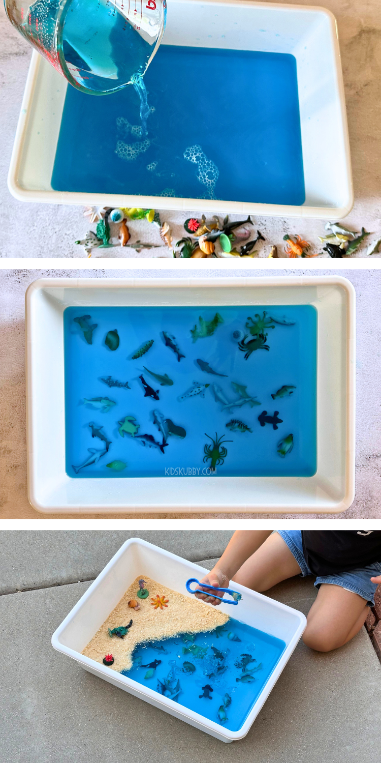 Simple to make sensory bin for toddlers. Under the sea animal rescue sensory play using jello! simple make the jello and add plastic sea creatures. Let the jello set in the refrigerator and add some crushed cheerios to the top of the jello to look like sand. Now this sensory bin in ready for your toddler to play! The perfect outdoor activity for kids!