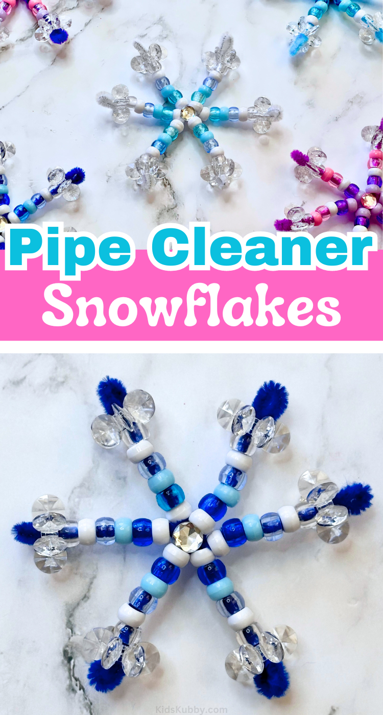 easy simple to follow tutorial to make beaded pipe cleaner snowflakes. These are perfect for little gifts this holiday season. Add a ribbon and you can turn this no mess craft into DIY Christmas tree ornaments! easy and fun christmas craft for preschoolers. 