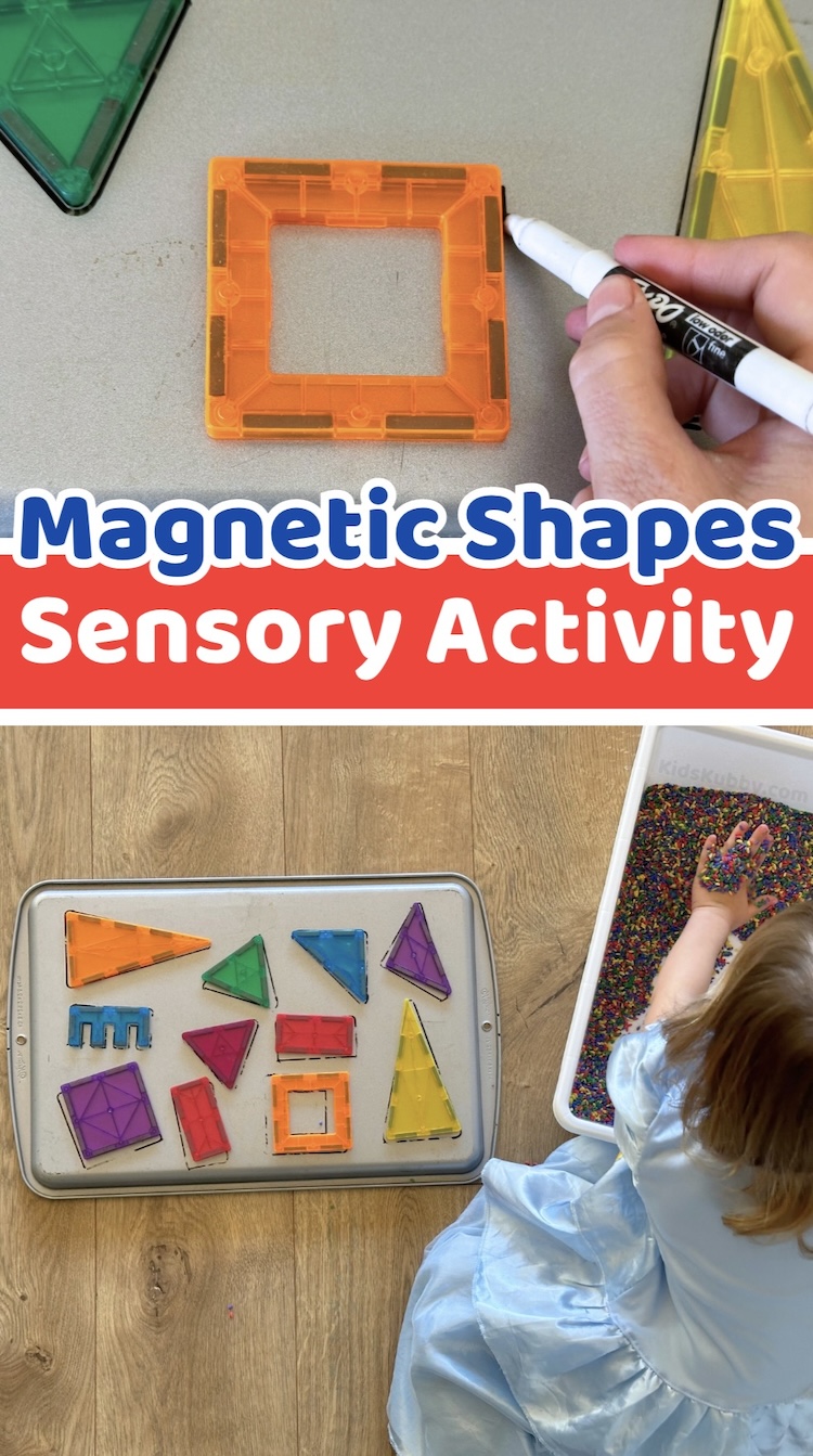 This is the best way to teach shapes to little kids. this magnetic sensory bin is easy and cheap to set up and can keep kids entertained. 