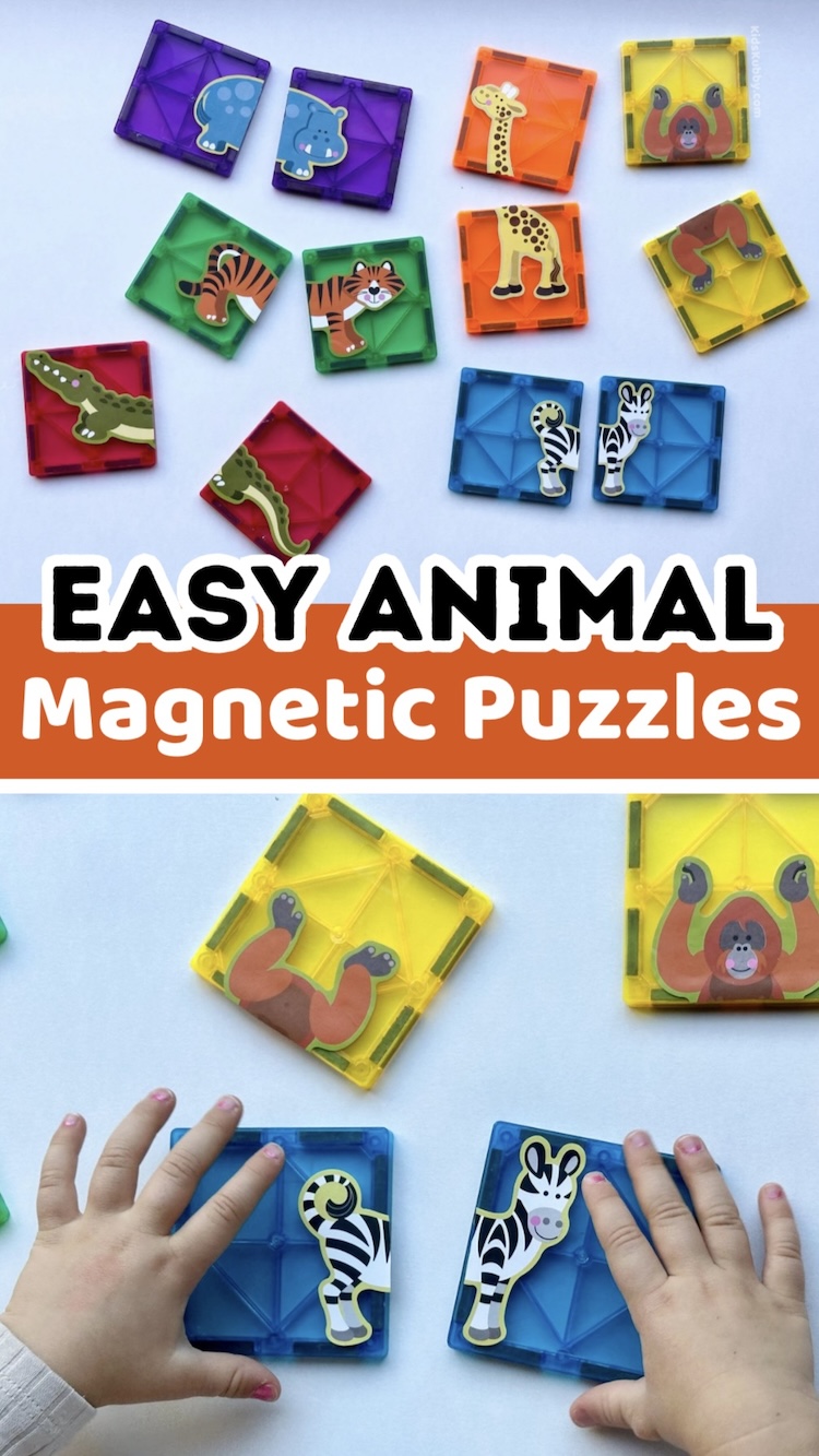 When I say this toddler activity is seriously easy to set up I mean it will take you 2 m minutes to make and your kids will play with it for hours! And you probably already have all the supplies you need at home! Magnetic tile puzzles are fun, engaging, and no mess at all. I always keep some on these matching puzzle tiles in my bag when I need to keep kids quiet and entertained. 