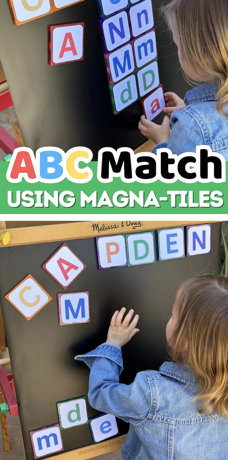 simple and fun activity for kids using magna-tiles and paper. ABC matching game helps kids learn upper and lower case letters through play. 