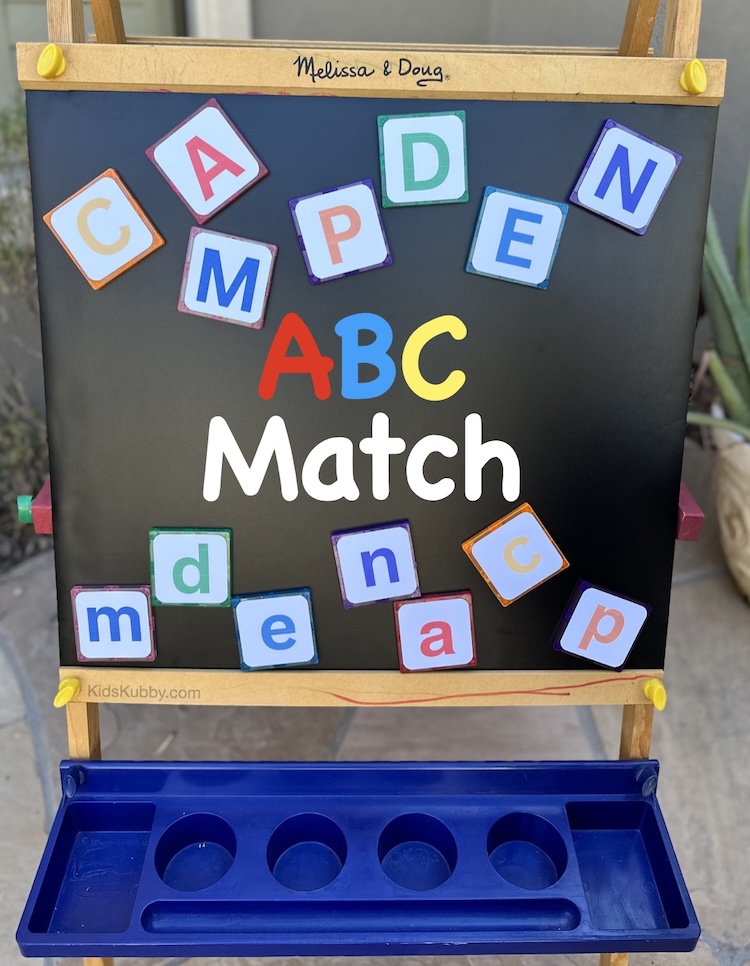 easy to play matching game for kids using magna-tiles and letters. play this fun game with toddlers and preschools to practice the alphabet. Letter recognition DIY game. 