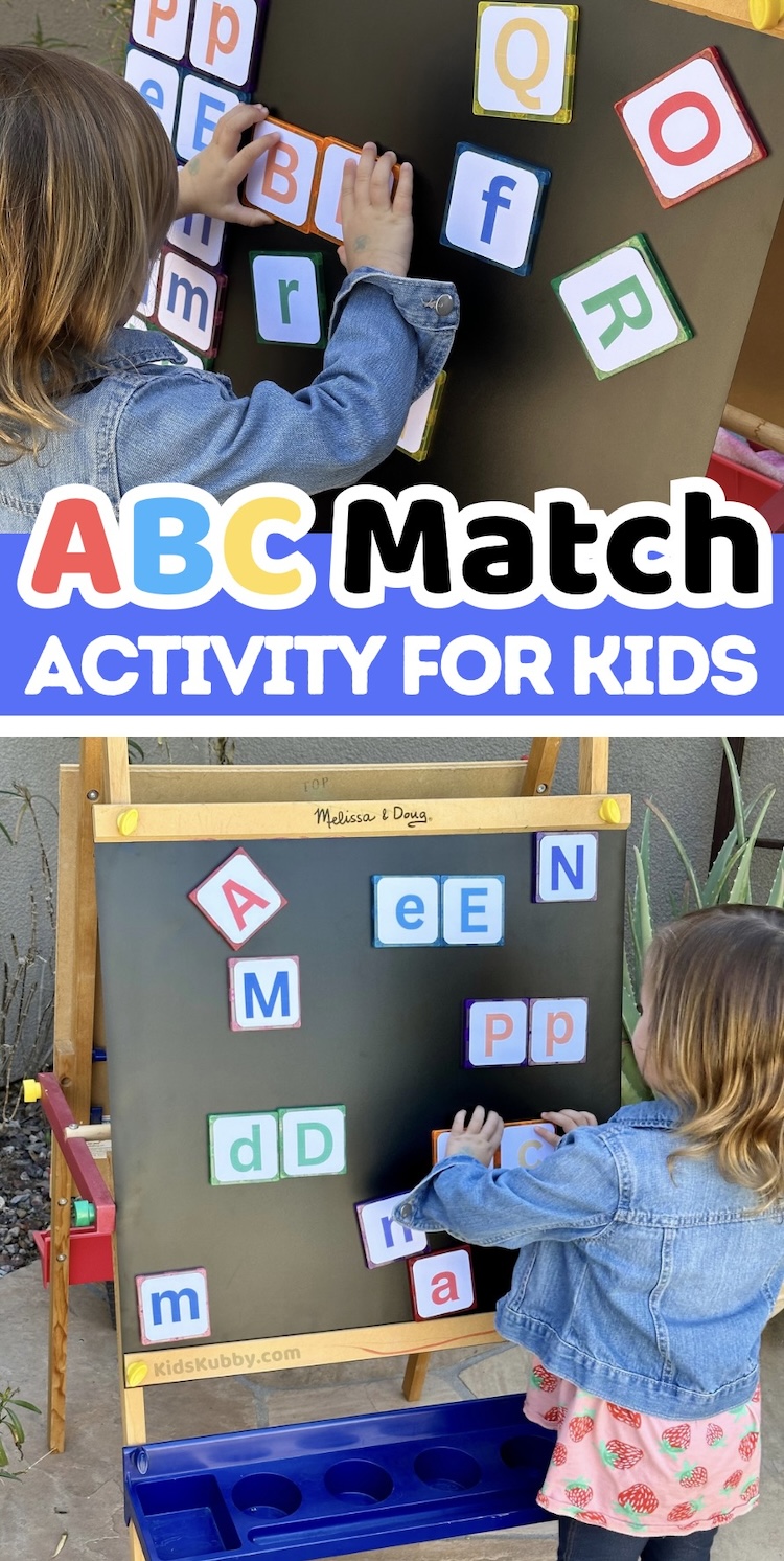Here is the best alphabet matching game ever! using magnetic tiles, you can create the perfect game to help toddler and preschoolers learn upper and lower case letter. You probably have all the supplies at home!
