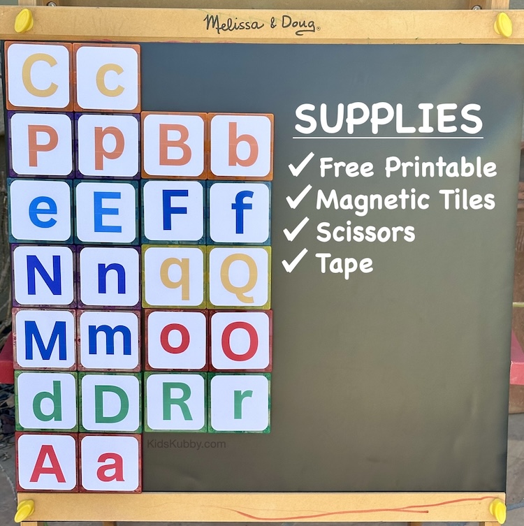 are you looking for a fun activity for kids? this ABC match game is  fun and easy using supplies you probably already have at home. Let your toddlers practice the alphabet with magnetic tiles!  