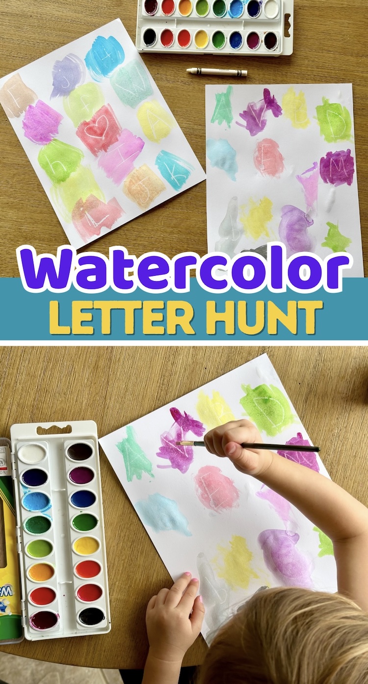 Do you have a little one who's learning the alphabet? Try this quick and easy activity that teaches letter recognition and art all in one. Watercolor letter hunt is a fun, low prep activity for kids that helps with letter identification, fine motor skills, and so much more. All you need is a white crayon and some watercolor paints to make the best painting activity for kids. 