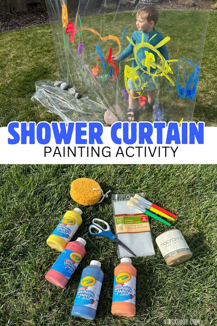 Shower curtain painting is fun, budget friendly and guaranteed to entertain any kid out there. Let you little ones create a world of imagination on this unique painting canvas. This budget friendly summer activity is perfect for toddlers, preschoolers, and kids of all ages. 