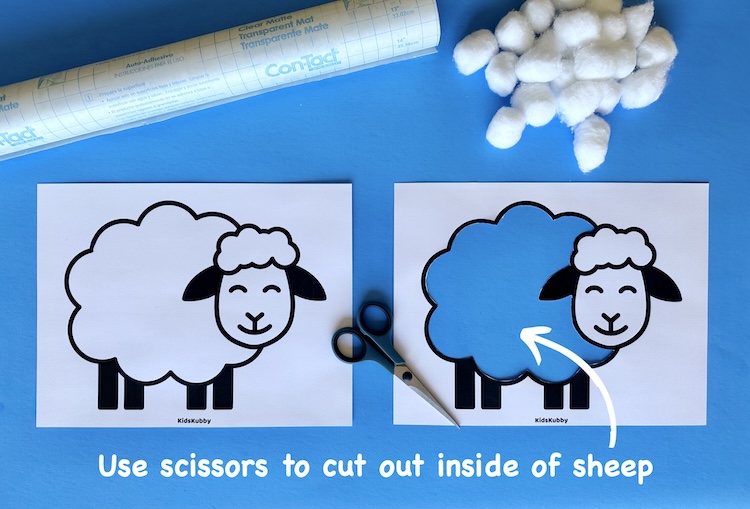 How to make a fluffy sheep craft using cotton balls. These contact paper sheep are so cute! Your kids will love these easy to make cotton ball sheep. perfect for preschoolers learning about animals. 