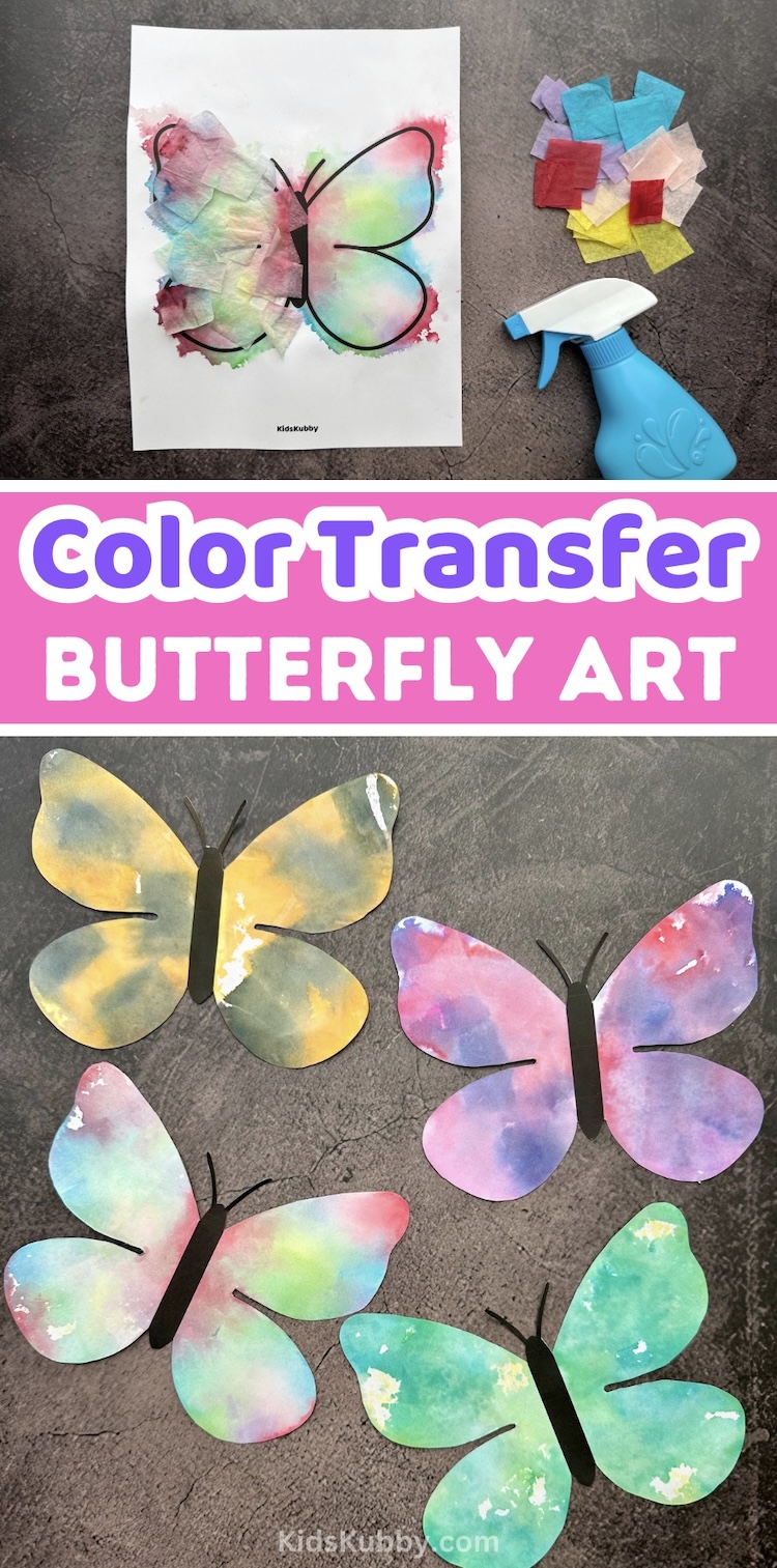 This is the best butterfly craft ever. Using bleeding tissue paper, kids can paint paper butterflies! just spray the tissue paper and watch how the color transfers to the butterfly outline. What a cool science experiment and art project all if one! 