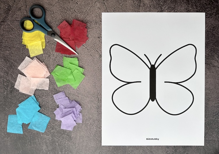 how to make the best tissue paper painted butterfly craft using just a few cheap supplies. This easy part project is perfect for summer time. a great way for busy parents to keep kids entertained! 