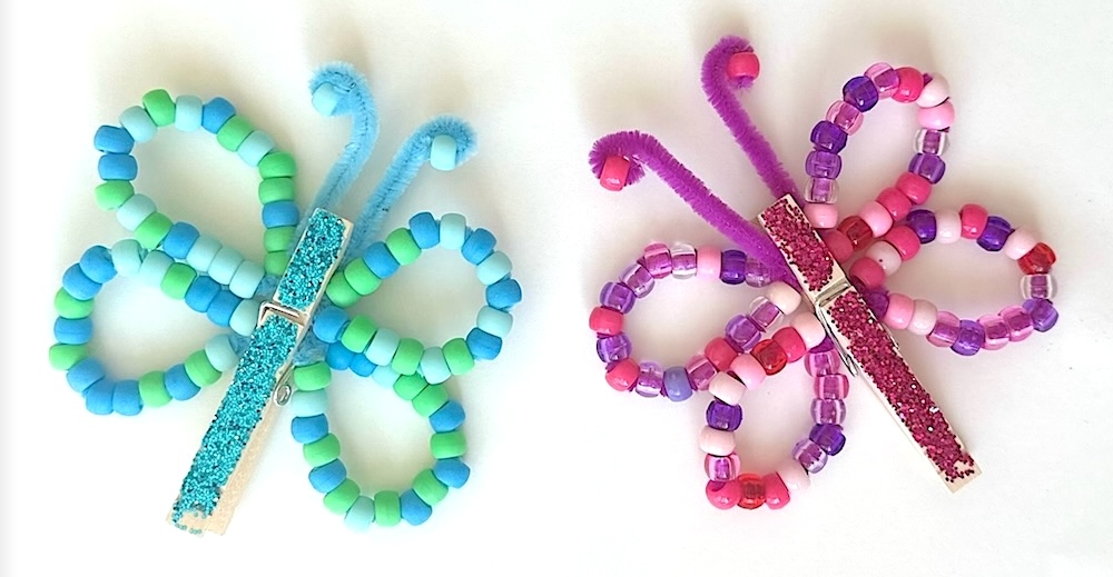 How to make colorful butterflies with pipe cleaners, pony beads, clothes pins, and glitter! A full tutorial with step by step instructions and lots of instructional photos.