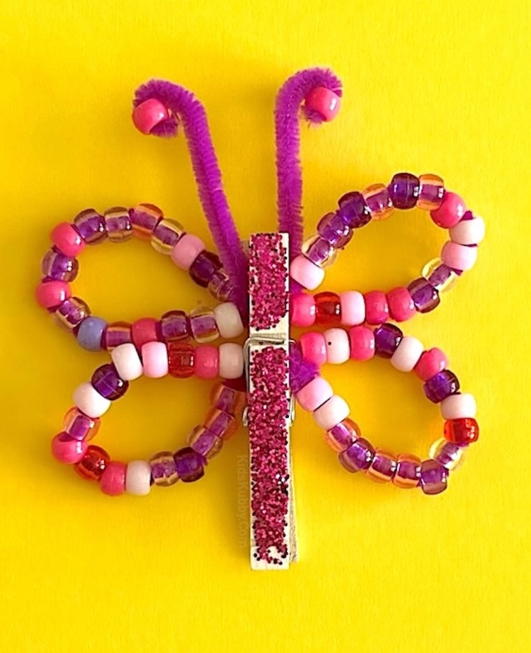 Step by step instructions on how to make pony bead pipe cleaner butterflies with clothespins. A fun and easy craft for kids of all ages. 