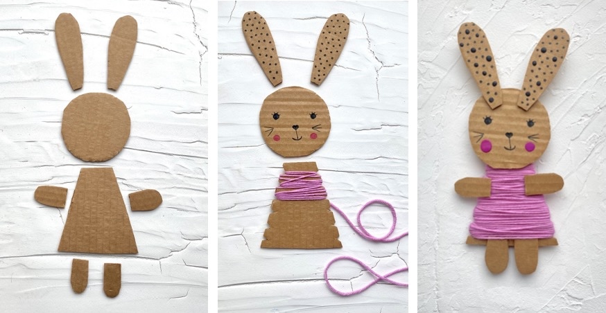 Cheap and easy cardboard craft using yarn to make adorable little bunnies.