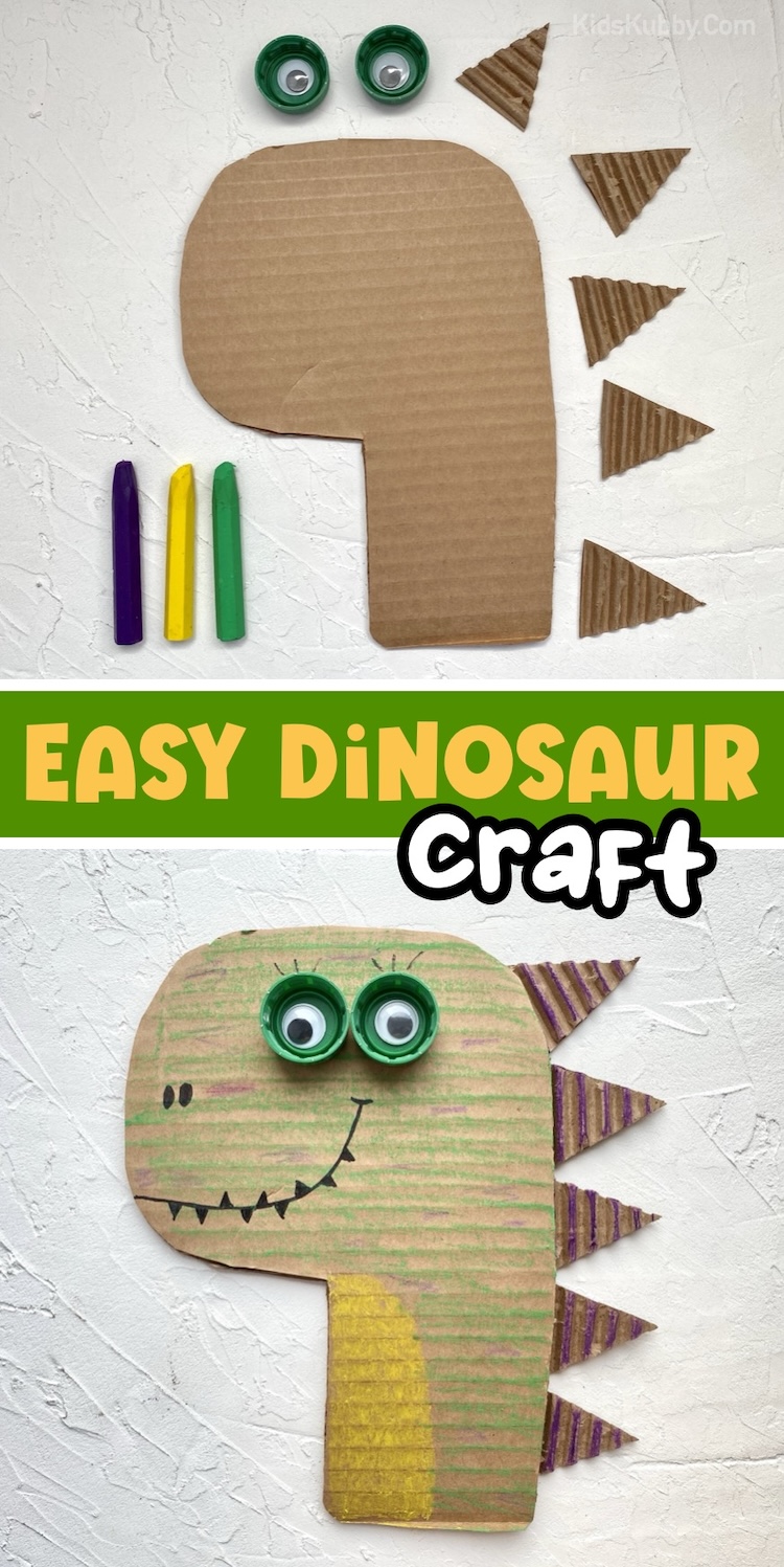Step by step tutorial on how to make an easy paper cardboard dinosaur craft for kids! A fun project for preschoolers and toddlers to do at home on a rainy day when bored. 