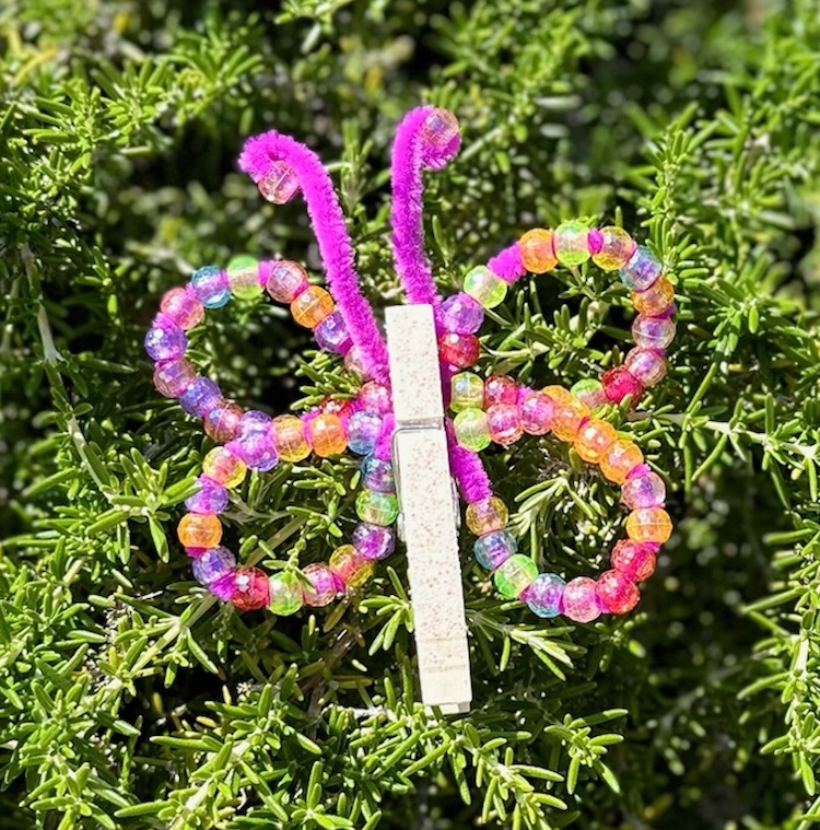 Fun and easy butterfly craft for kids of all ages using pipe cleaners, pony beads, and clothespins. 