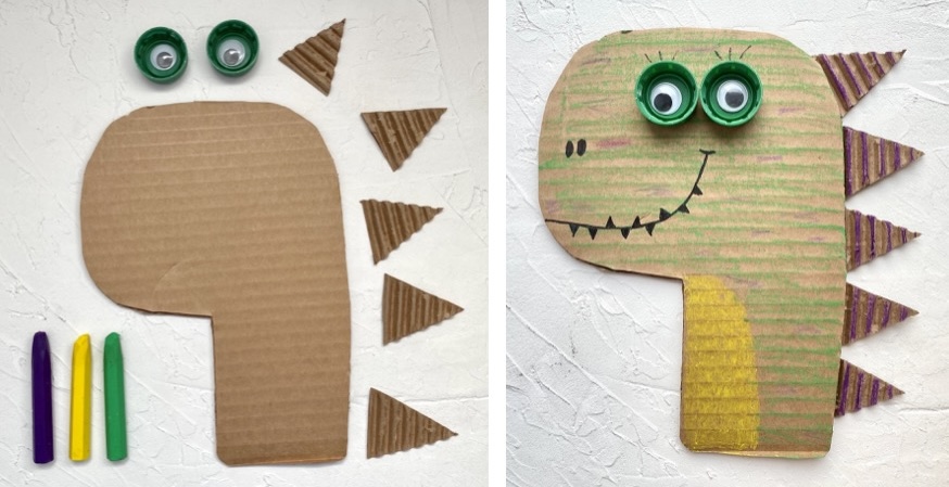 This adorable dinosaur craft is made with just a few recycled materials: cardboard and plastic bottle caps! A fun and easy project for preschoolers to make at home.