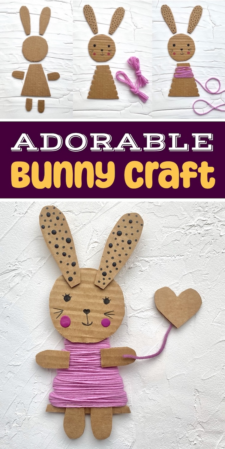Easy and inexpensive spring time bunny craft made with cardboard and yarn. A full step by step tutorial with photos included! Such a fun and simple project for kids to make at home when bored. 