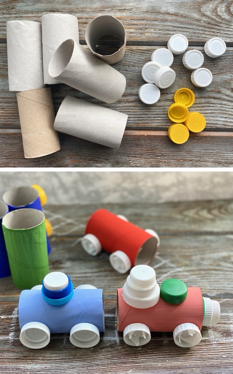 This easy toilet paper roll craft was a hit with my 2 year old! We made a train set complete with the steam engine and box cars with recycled materials we already had at home. We painted each one in bright and fun colors. A great project for toddlers and preschoolers. And it won't cost mom a dime. 