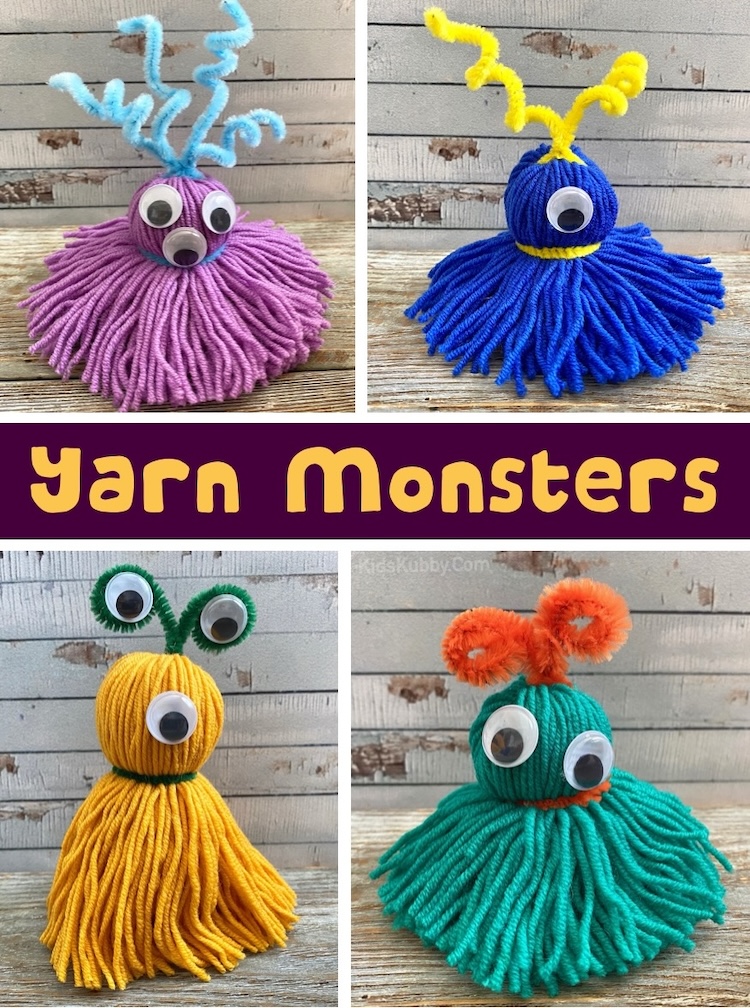 Step by step tutorial on how to make cute yarn monsters with pipe cleaners and googly eyes, and fun and easy craft idea for both kids and adults. 